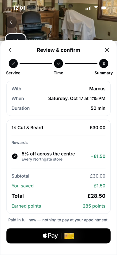 Review and confirm a Cut & Beard with Marcus at Sharp Cuts, Saturday 1:15 PM: 5% off applied, 285 points earned, paid in full with Apple Pay