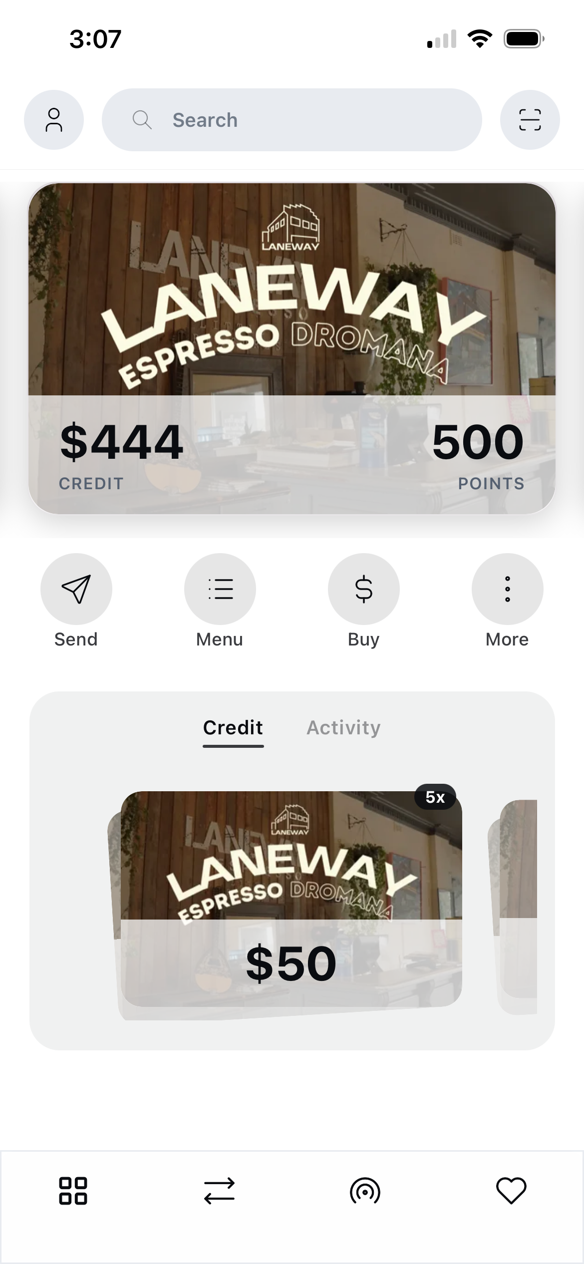 Merchant card detail with credit and points