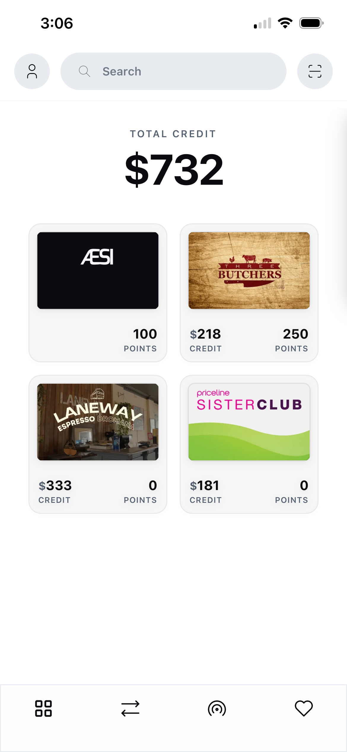 Store cards wallet view