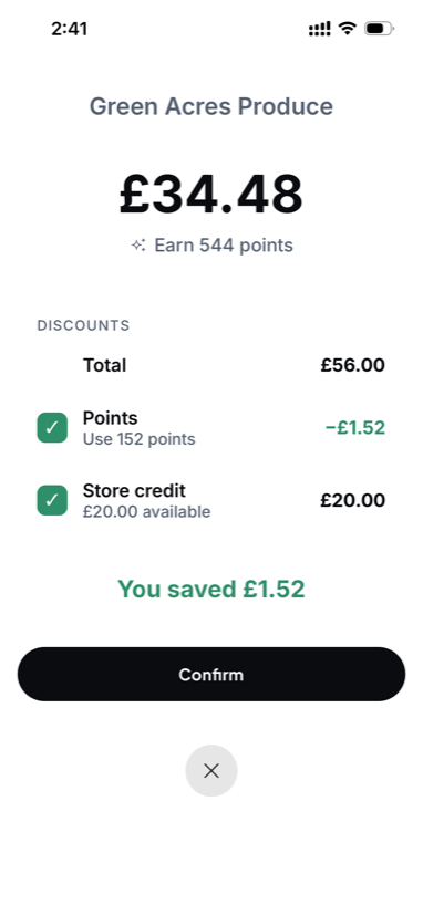 Checkout applying points and store credit in one confirmation — you saved £1.52
