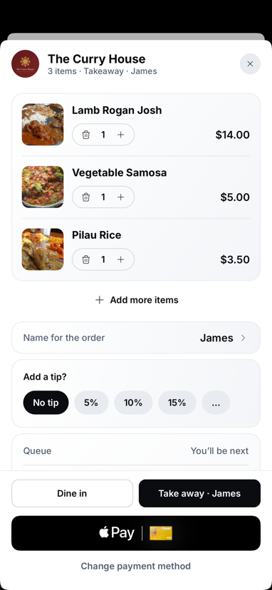 The Curry House basket: three dishes, a name for the order, a tip, queue position, dine in or take away, and Apple Pay