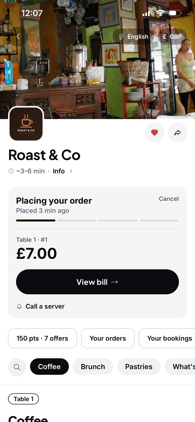 Roast & Co at Table 1: the £7.00 order is placing, the bill is one tap away, Call a server sits below and the menu follows