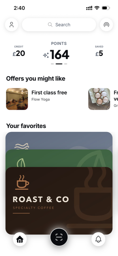 The aesi app home — store credit, points, offers and a wallet of branded store cards