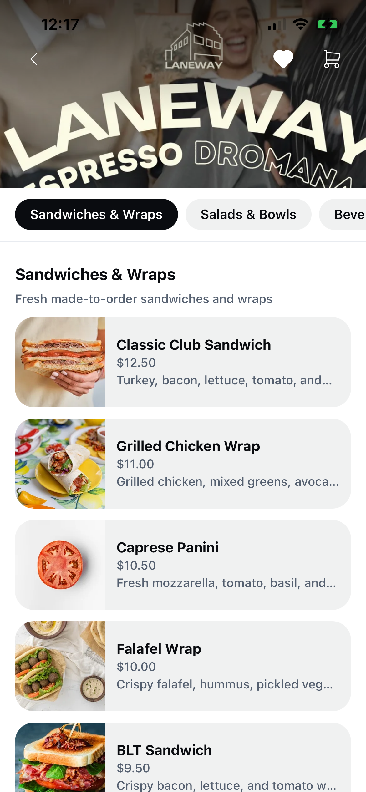 In-app menu browsing with categories
