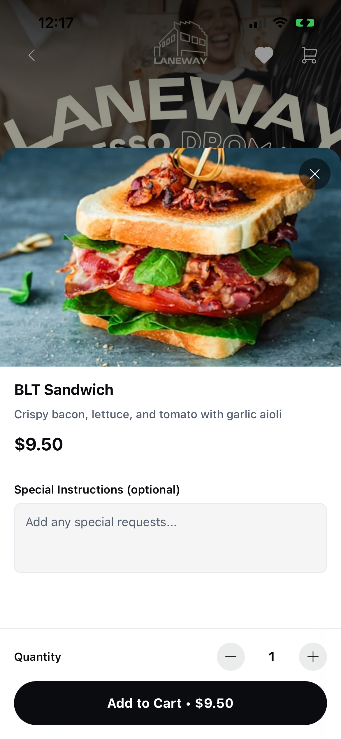 Menu item detail with add to cart