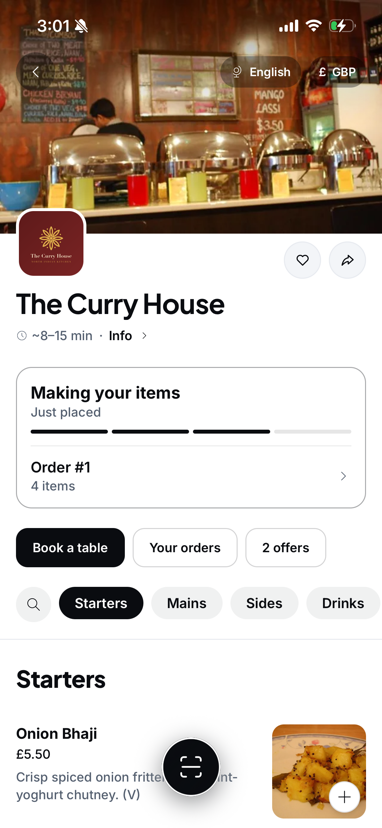 The Curry House: order #1 is being made, with Book a table, Your orders and 2 offers above the menu
