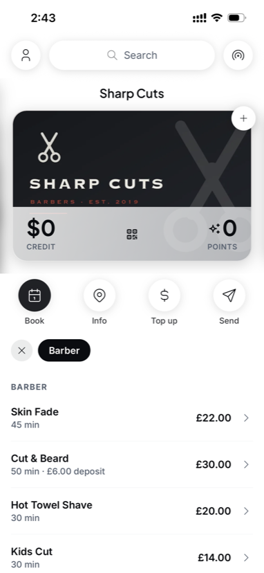 A barber's branded store card with bookable services and prices