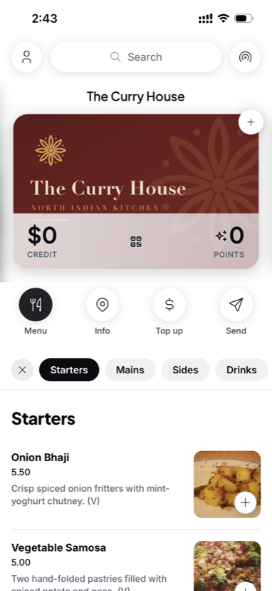 The Curry House branded store card with credit and points, above its menu