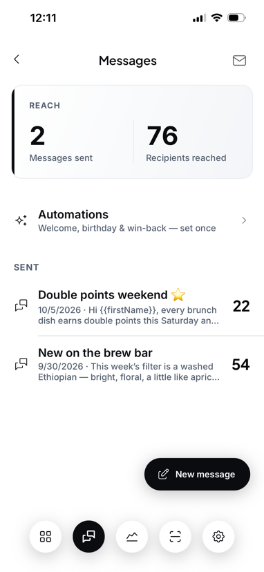 The store's Messages screen: 2 messages sent, 76 recipients reached, welcome, birthday and win-back automations, and a New message button