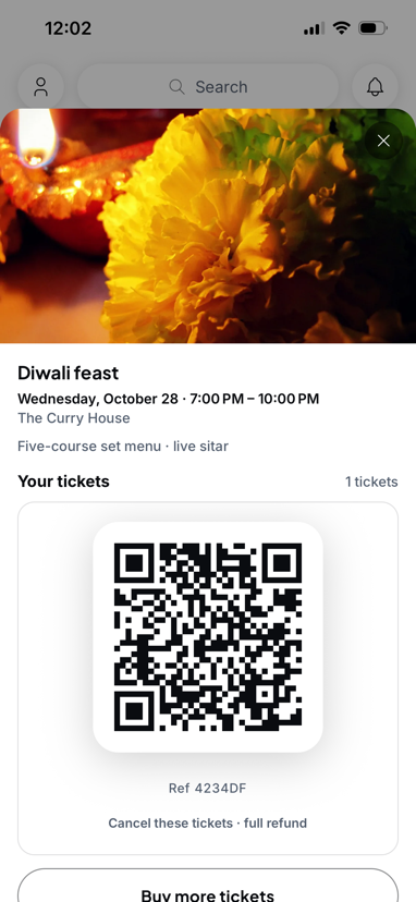 A QR ticket for the Diwali feast at The Curry House, ready to scan at the door, with cancel for a full refund and Buy more tickets