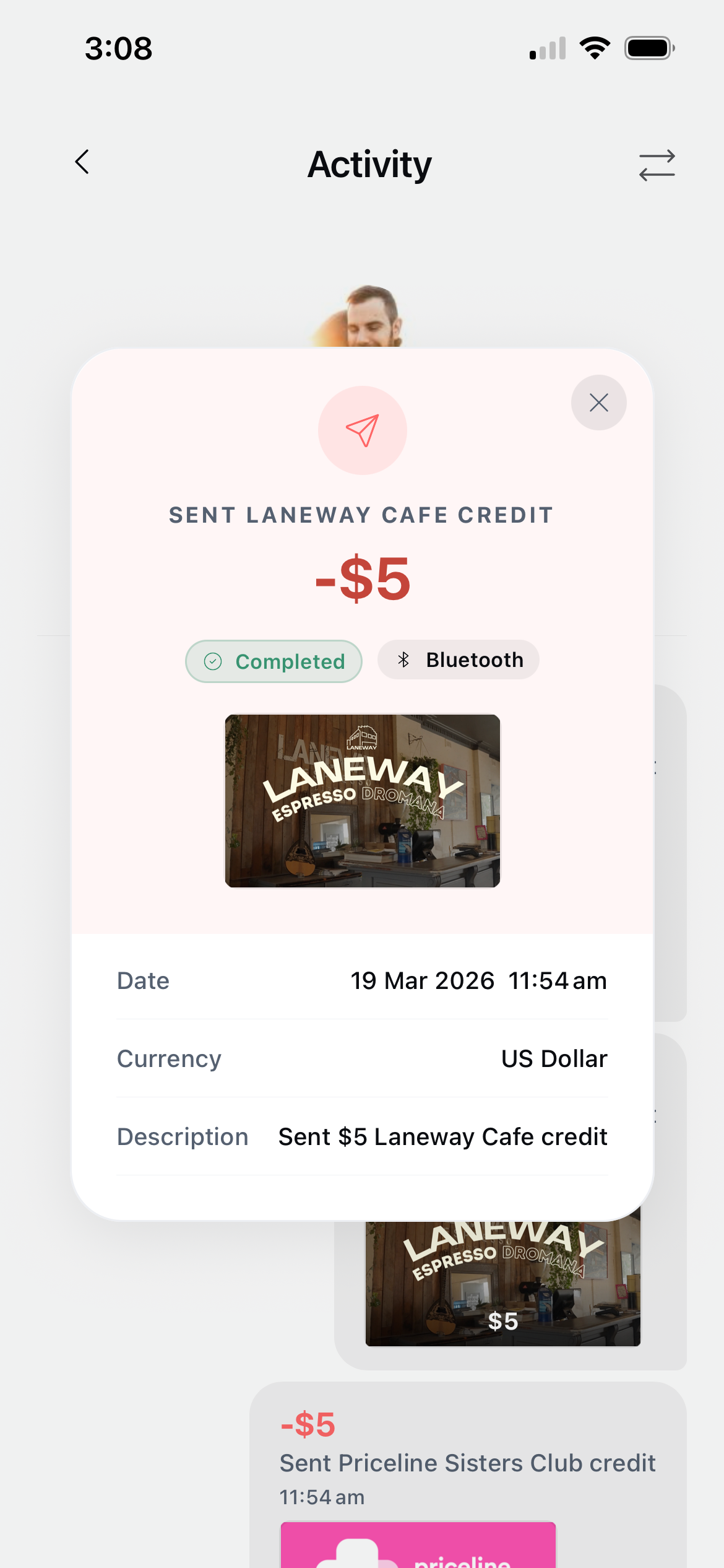 Activity feed showing transactions with contacts