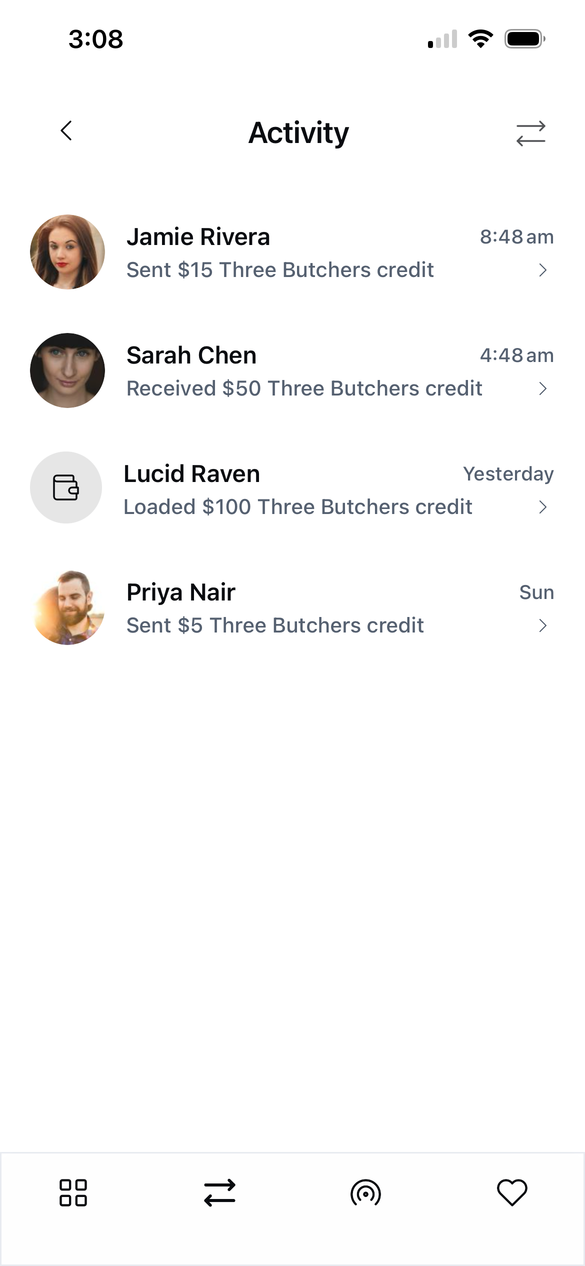 Activity feed showing transactions with contacts