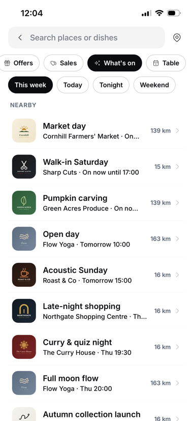 Search with What's on selected: market day, walk-in Saturday, open day, Acoustic Sunday, late-night shopping and a curry and quiz night, all nearby this week